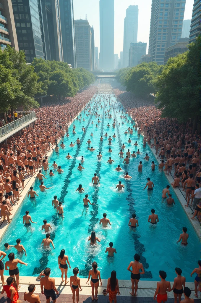 Swimming pool with 100,000 people