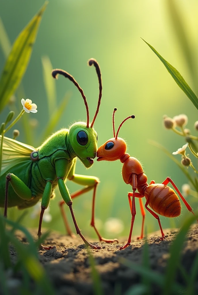 A green grasshopper kissing a red ant
