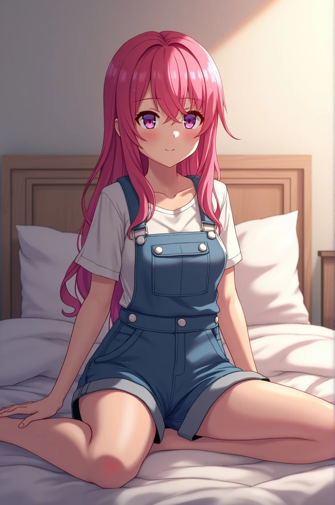 Mitsuri Kanroji (Demon Slayer) just in overalls sitting on the bed with her legs open resting her back against the wall looking at you with a smile