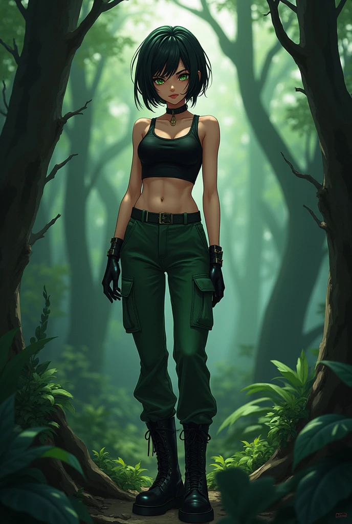 Anime girl, short black hair, jellyfish hair-cut, black tight fitting crop-top, olive-green eyes, olive-green parachute pants, black combat boots, dark forest background