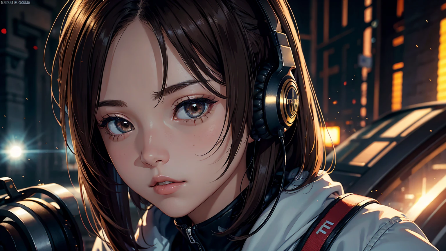(masterpiece), (high resolution 8K), detailed eyes and face, detailed body, (extremely detailed and beautiful background), (depth of field:1.4), beautiful detailed glow light particles, BREAK 1 girl, bob, center part, forehead, brown hair, piercing, brown eyes, expressionless, BREAK model posing, (headphones), cowboy shot,