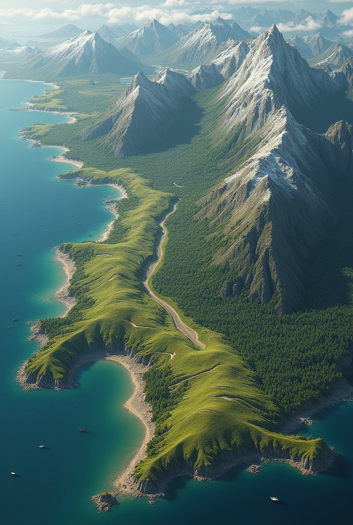 Imagine a vast, single continent shaped like an irregular oval, stretching from north to south, with varied terrains that reflect the diverse environments of each race.
### **Northern Region**:
- **Dwarf Domain**: Dominating the northernmost part of the continent, this region is characterized by towering mountain ranges with jagged peaks. Deep within these mountains, the dwarfs have carved out extensive underground cities and mines. The landscape above ground is rugged, with rocky outcrops and sparse vegetation, a testament to the harsh, cold climate. Snow caps cover the highest peaks year-round.
### **Northeastern Region**:
- **Elf Domain**: To the northeast lies a sprawling, ancient forest, dense with towering trees that form a lush green canopy. The forest is almost impenetrable, with a mystical aura and paths that seem to change for those unfamiliar with the land. The elves’ cities are seamlessly integrated into the forest, with homes built high among the treetops, connected by intricate bridges and hidden pathways.
### **Central Region**:
- **Human Domain**: The central part of the continent is a mix of fertile plains, temperate forests, and winding rivers. This region is the most populated, with large cities, bustling trade routes, and expansive farmlands. The capital city is situated near a large river, with a grand castle overlooking the surrounding lands. The terrain here is varied but mostly gentle, with rolling hills and vast stretches of farmland.
### **Central to Southwestern Region**:
- **Orc Domain**: Stretching from the central part of the continent towards the southwest, the orc domain is a harsh, arid land. The terrain is marked by dry plains, rocky badlands, and occasional mesas rising from the ground. The vegetation is sparse, consisting mostly of hardy shrubs and cacti. Orc settlements are fortified with stone and wood, blending into the rocky landscape, designed more for defense than comfort.
### **Southernmost Region**:
- **Ogre Domain**: