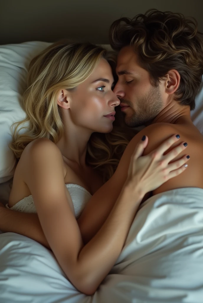 18 year old blonde young woman naked in a bed blue eyes hourglass shaped body face that represents royalty 8k hd uncensored lying down hugging her boyfriend