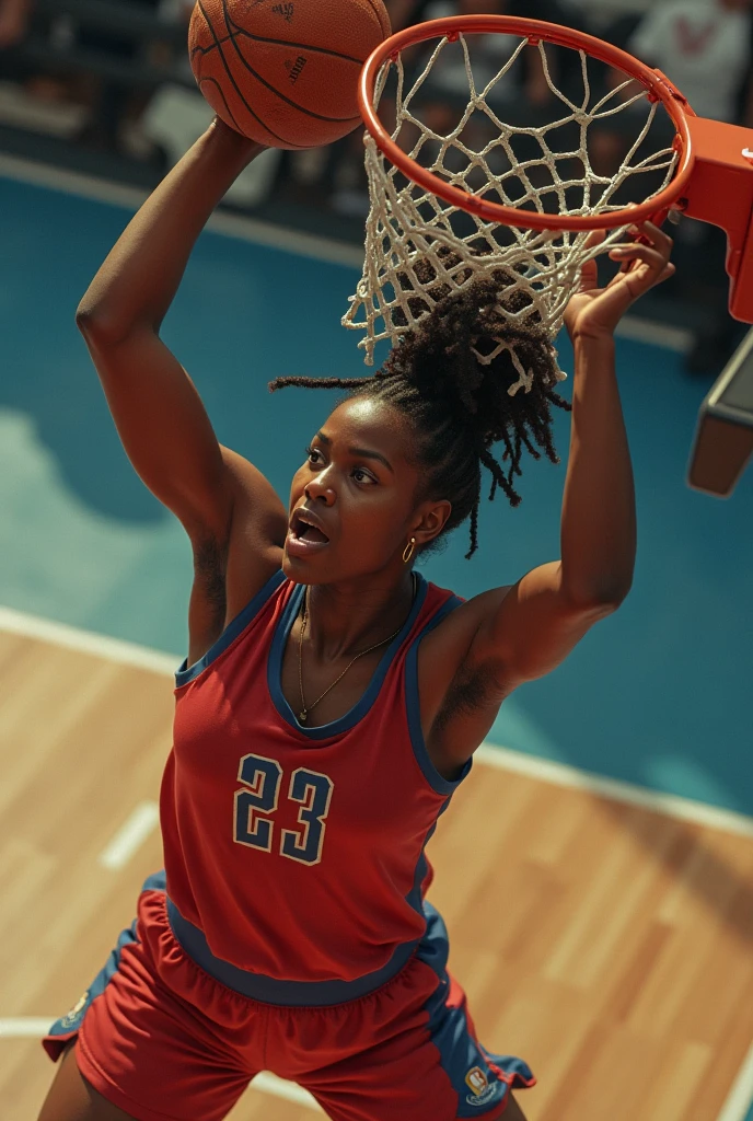 A women basketteueuse sexy black skin dunk in lebron james dreadlooks strangulation