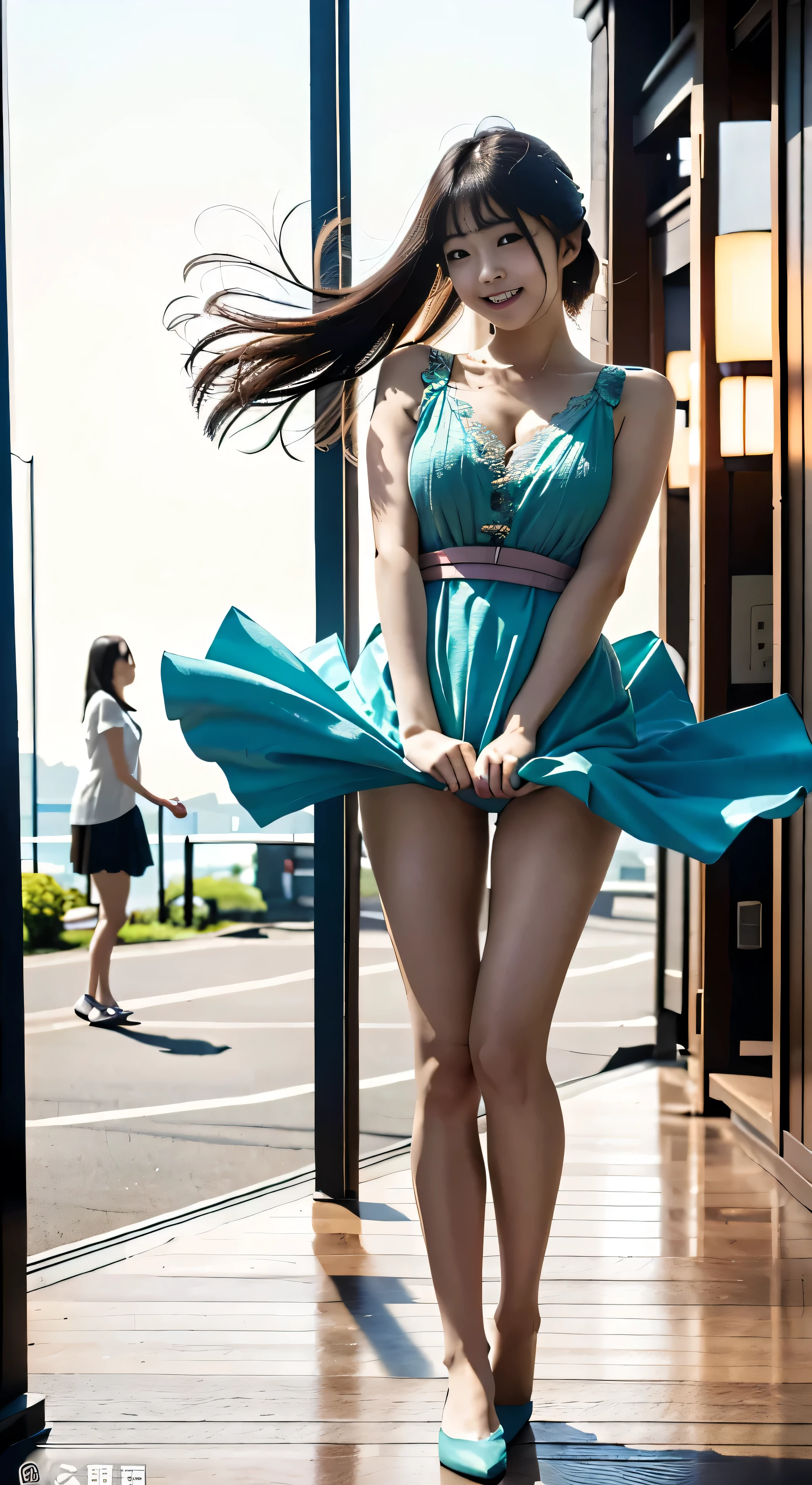 (Highest quality、8k、32K、masterpiece、to be born)、Cute Japanese Women Photos、{(girl:18Year:Embarrassed smile),,(blush:1.1)}}、Looking at the audience、(Beautifully detailed dress skirt:1.2)、Leg Details、(Spread your legs:0.9)、(Lace panties:0.9)、(Wind力上昇:1.6)、whole body、Wind、city、Outdoor