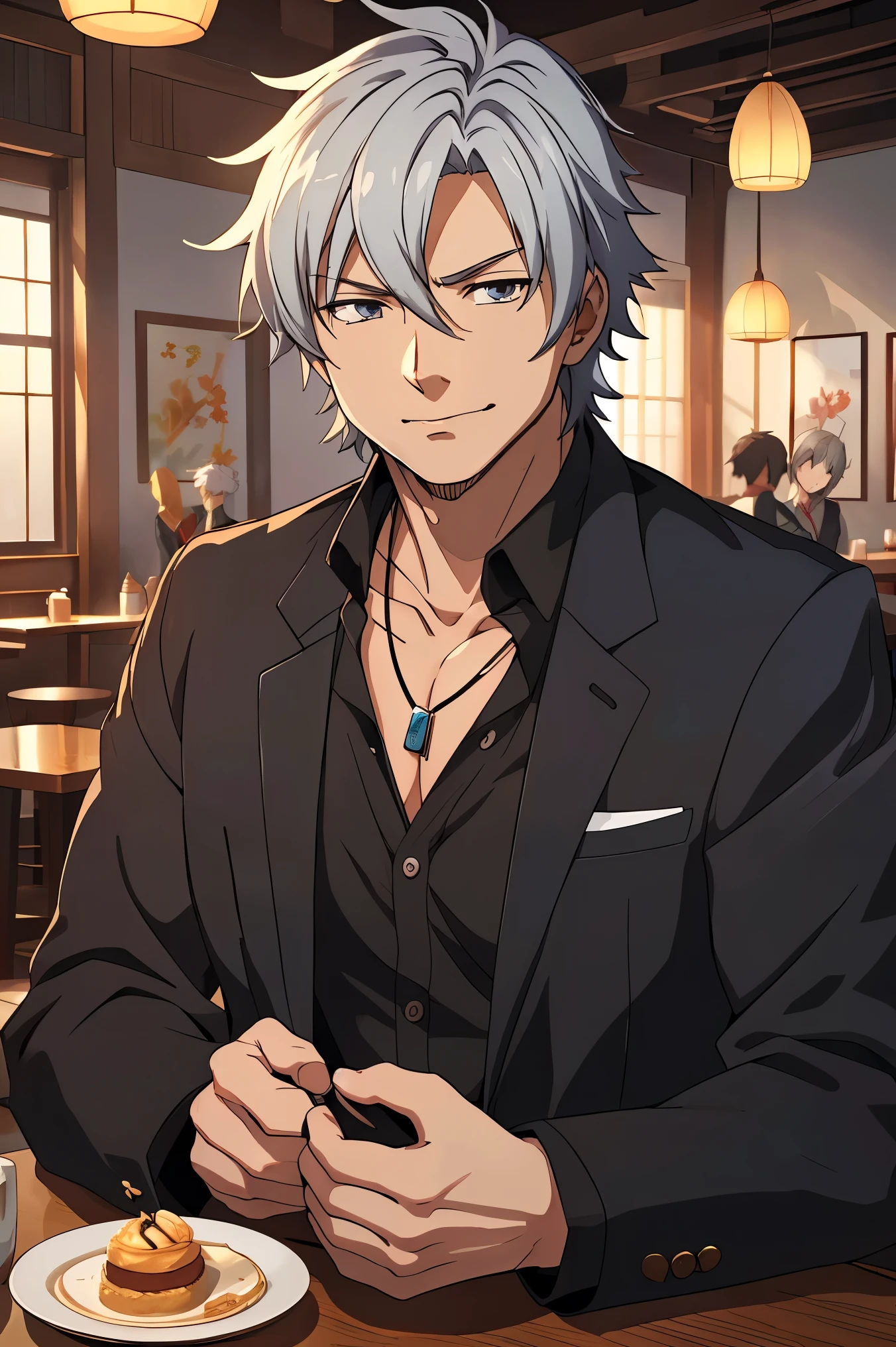 (((masterpiece、Anime Style、high resolution、high quality、Delicate、Ultra-high resolution、８ｋ)))Japanese men、６５age、Gray Hair、elder、Wrinkles、Black suit、WhiteＹshirt、accessories、necklace、Cafe