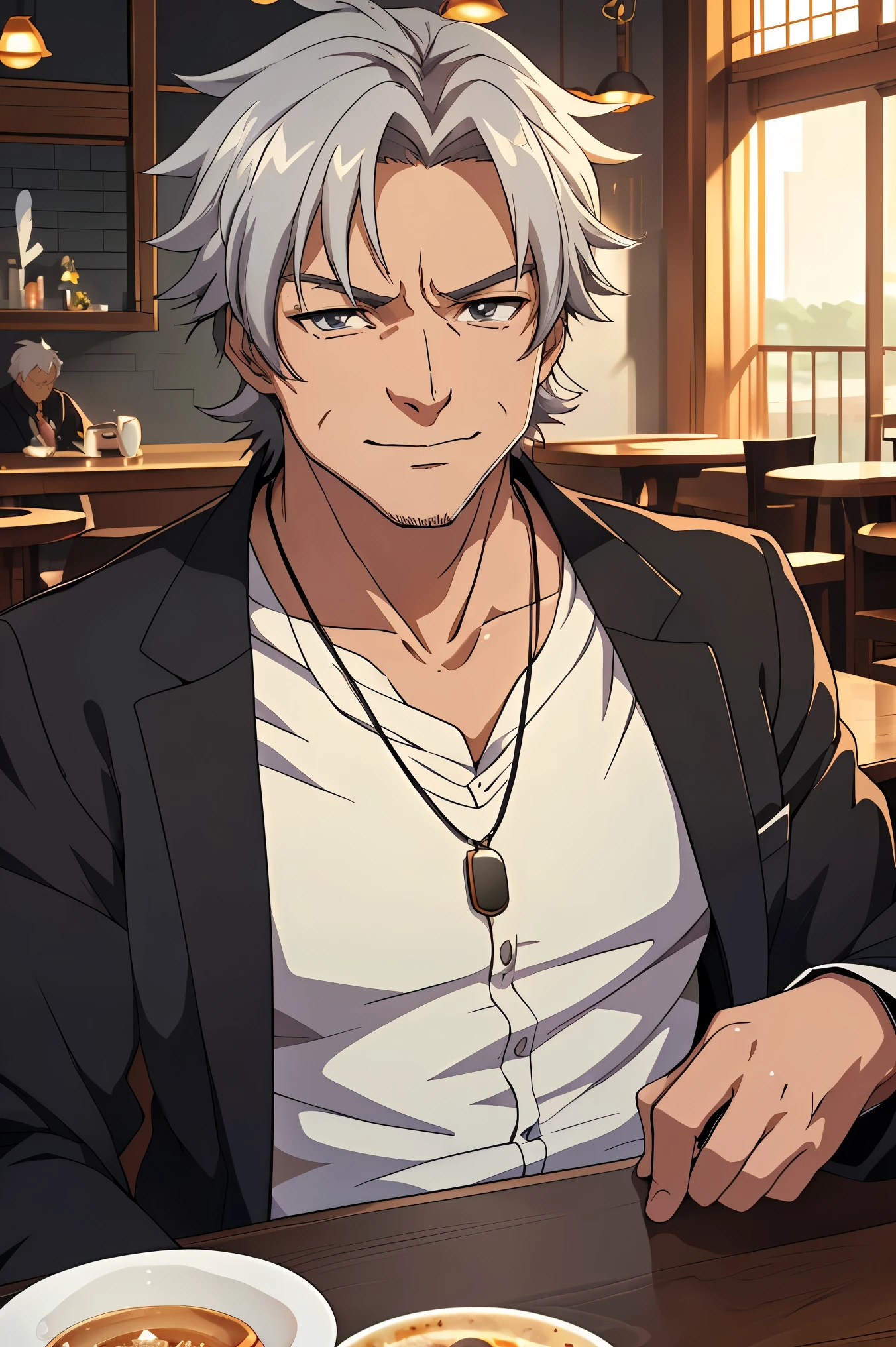 (((masterpiece、Anime Style、high resolution、high quality、Delicate、Ultra-high resolution、８ｋ)))Japanese men、６５age、Gray Hair、elder、Wrinkles、Black suit、WhiteＹshirt、accessories、necklace、Cafe