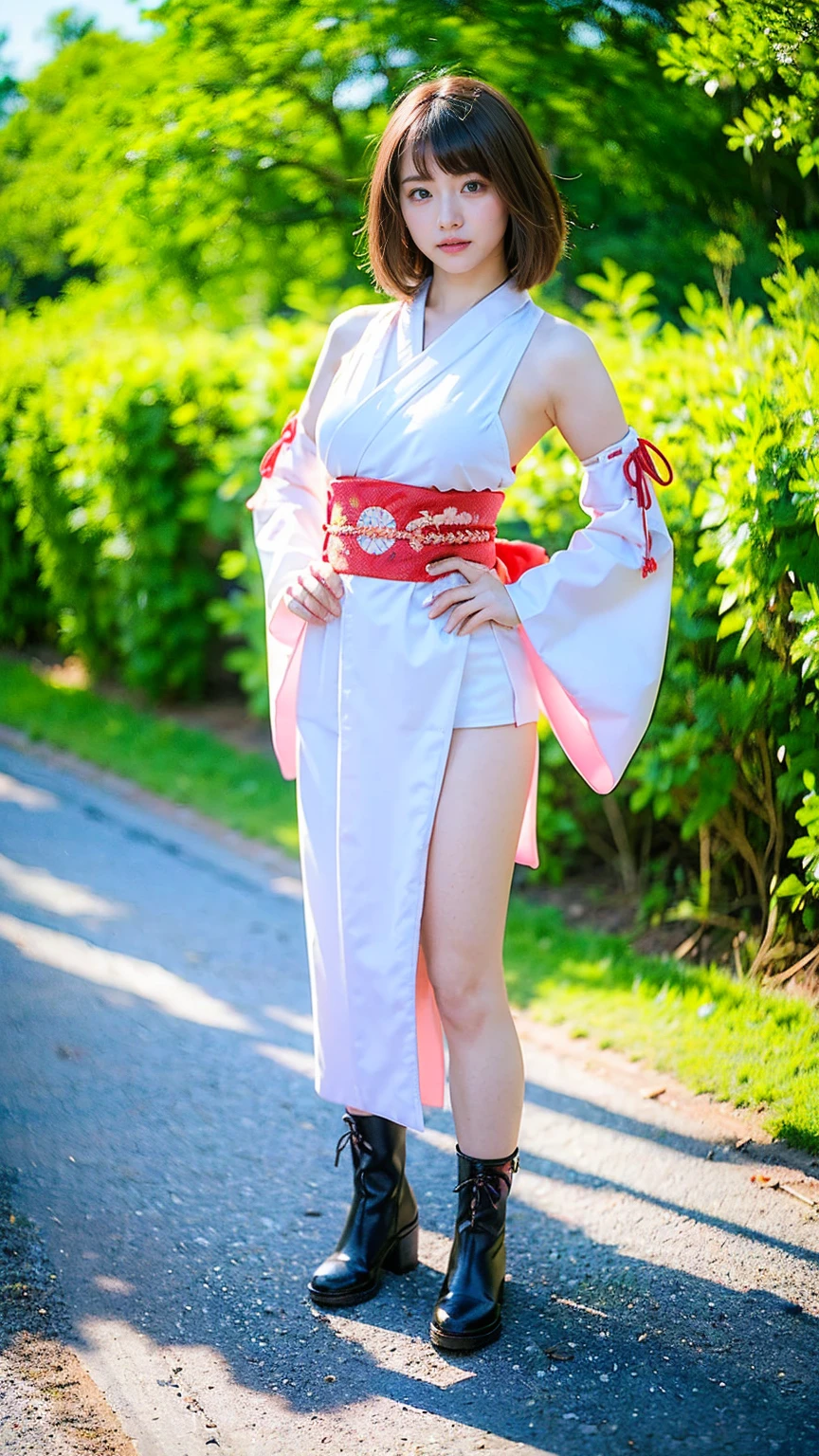 (8k、RAW Photos、Highest quality、masterpiece:1.2)、(Realistic、Realistic)、1 girl、((Long-sleeved kimono、Shoulder visible、Breast enlargement、boots、ribbon、garden、Thin legs、whole body、View from the front、Looking into the camera、Stand with hands on hips))、cute