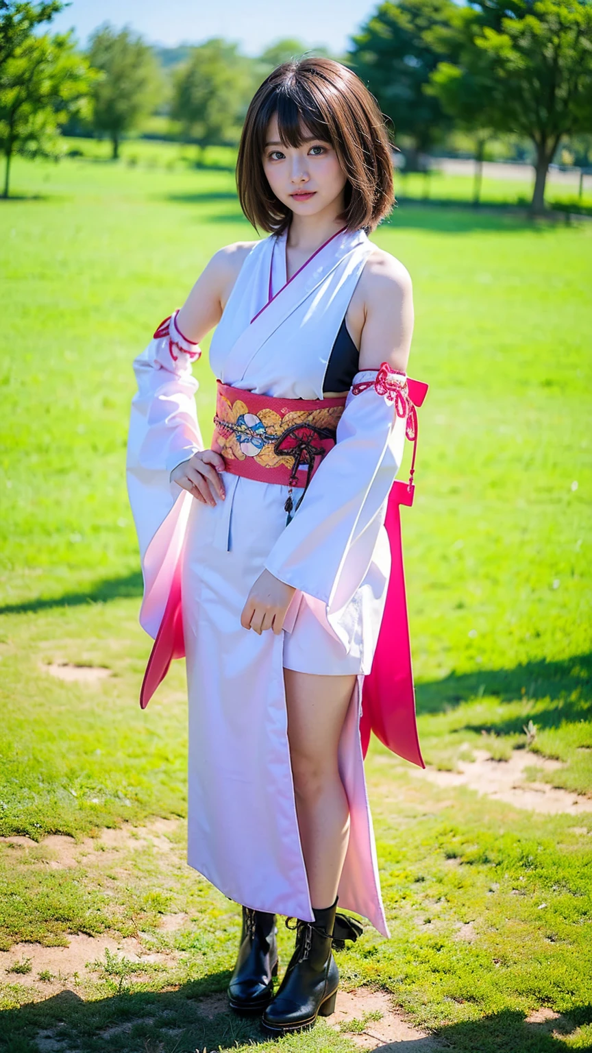 (8k、RAW Photos、Highest quality、masterpiece:1.2)、(Realistic、Realistic)、1 girl、((Long-sleeved kimono、Shoulder visible、Breast enlargement、boots、ribbon、garden、Thin legs、whole body、View from the front、Looking into the camera、Stand with hands on hips))、cute