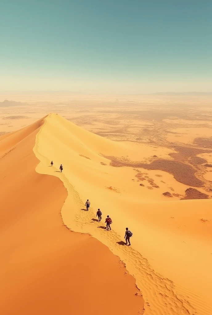 A view from above of a desert and people walking in the middle
