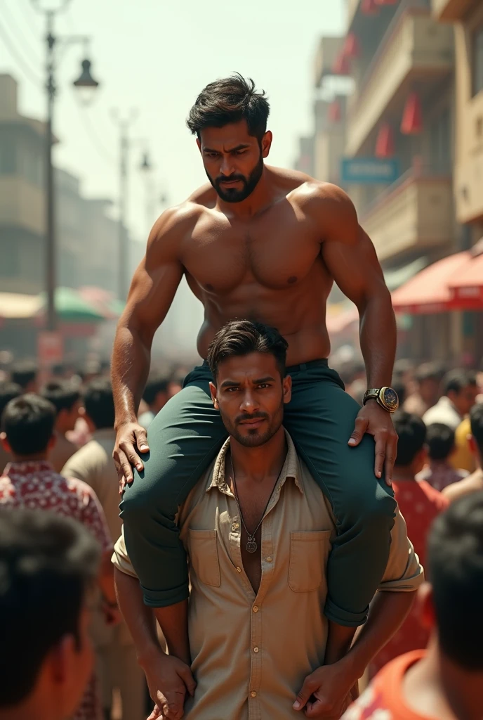 (photorealism:1.2), Pakistani guy wearing tight clothes having thick thighs riding on young guy's shoulders in a crowd 