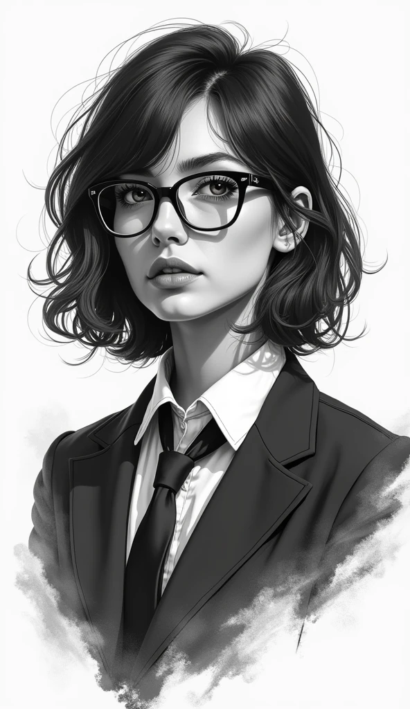 a black and white drawing of a woman with glasses and a tie, art of alessandro pautasso, air brush illustration, epic portrait illustration, monochromatic airbrush painting, high quality sketch art, Mr. Károly Lotz, arte vetor preto e branco, high quality sketch, portrait illustration, black and white illustration, digital art with airbrush, epic pencil illustration