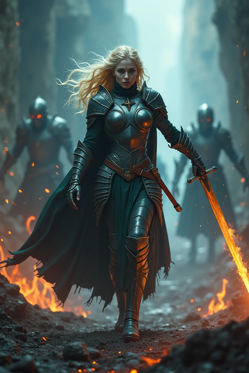 dark fantasy, fierce atmosphere, a Blonde warrior woman, Xeena, pale skin, full plate armor with intricate designs, dark green cape, sword held in one hand, in the midst of an intense battle, fighting through flames and shadows, her sword cutting through darkness, flames licking at her armor but she remains unscathed, the ground is molten and cracked, shadowy figures trying to drag her down, but she stands strong, dynamic action shot with fire and shadow elements