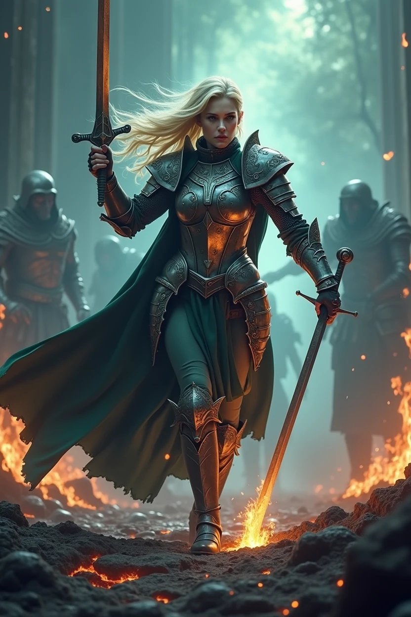 dark fantasy, fierce atmosphere, a Blonde warrior woman, Xeena, pale skin, full plate armor with intricate designs, dark green cape, sword held in one hand, in the midst of an intense battle, fighting through flames and shadows, her sword cutting through darkness, flames licking at her armor but she remains unscathed, the ground is molten and cracked, shadowy figures trying to drag her down, but she stands strong, dynamic action shot with fire and shadow elements
