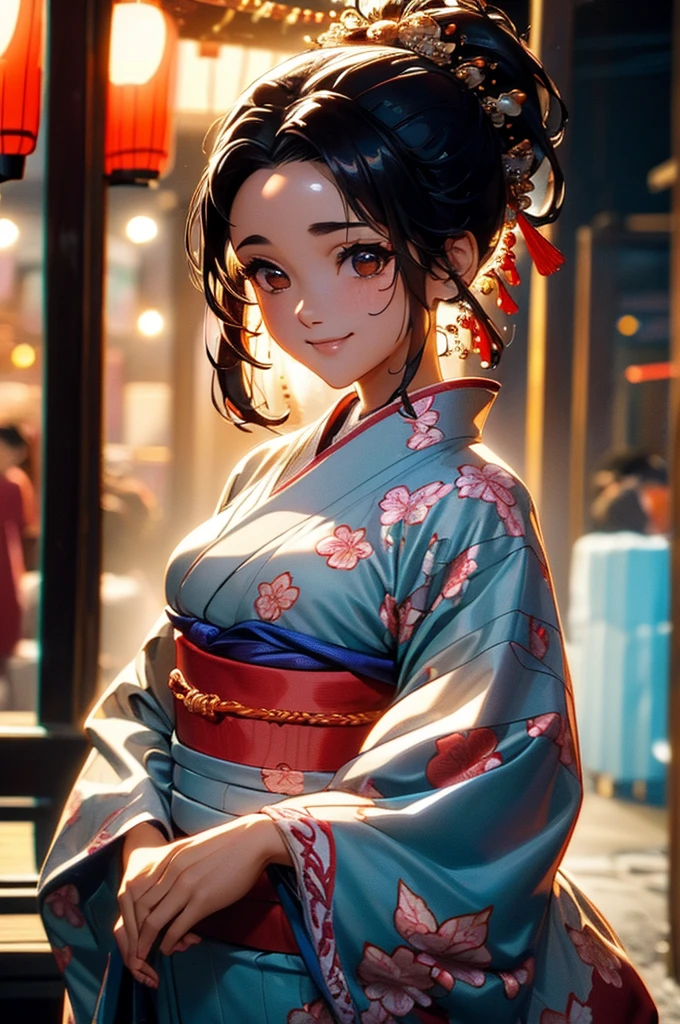 (((beautiful))), (((kimono, yukata, night, Festivals, stall, Perfect figure, full body))), ((Black Hair, parted bangs, forehead, ponytail, hair ornaments, slim)), One Woman, Small breasts, Thin legs, Glowing Skin, Sweat, (((Intricate details))), High resolution, ((Intricate details, Ultra-detailed)), from front, wide shot, (looking at viewer, look at viewer), Red cheeks, smile,