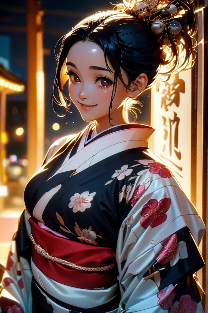 (((beautiful))), (((kimono, yukata, night, Festivals, stall, Perfect figure, full body))), ((Black Hair, parted bangs, forehead, ponytail, hair ornaments, slim)), One Woman, Small breasts, Thin legs, Glowing Skin, Sweat, (((Intricate details))), High resolution, ((Intricate details, Ultra-detailed)), from front, wide shot, (looking at viewer, look at viewer), Red cheeks, smile,