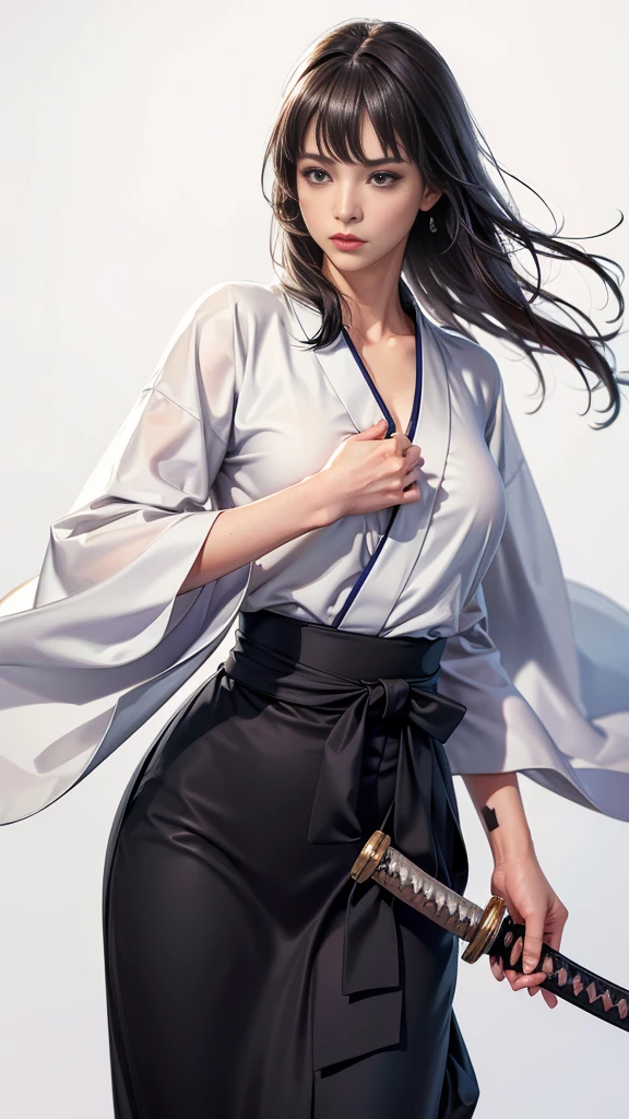 Cowboy Shot、((White Background))、One Woman、Very beautiful woman、Thin eyebrows、Round face、Watery eye、(warrior:1.2)、(Detailed face)、Realistic Skin、((Delicate photo))，(Girl Astepeace RAW Photo Details:1.2), Highest quality, Ultra-high resolution, Realistic:1.5, 8k resolution, Absurd, Very detailed,Cinema Lighting,(Sengoku period)、((Long hair with bangs))、((A Japanese sword too long to fit on screen))、(Gripping the handle of a Japanese sword with one hand：1.3)、In combat、The wind is blowing、kimono, Draw a Japanese sword from its sheath in one go, (艶のある紫色のkimono) 、(Black Hakama), (Holding the scabbard of a Japanese sword with one hand:1.5) ,