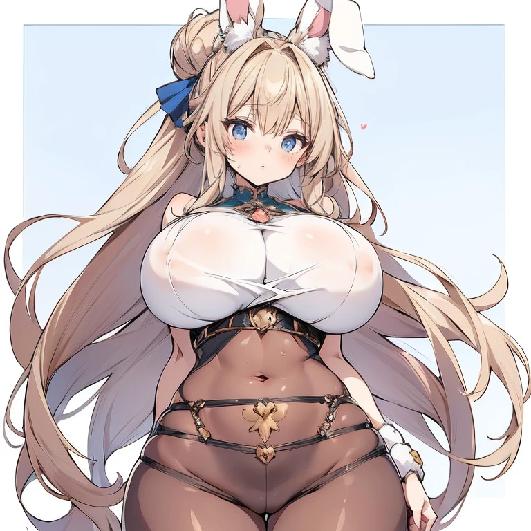 Anime Kawaii sexy Perfect Slim sensual body large breast and huge thighs, An intricate and highly detailed illustration of anime (Young girl) bunny woman, Rabbit woman, Loose pants, waist belt, blue colored eyes, mulher de pele tanned, tanned, unhas com pele tanned,, long ponytail, Light brown bun hair, tummy