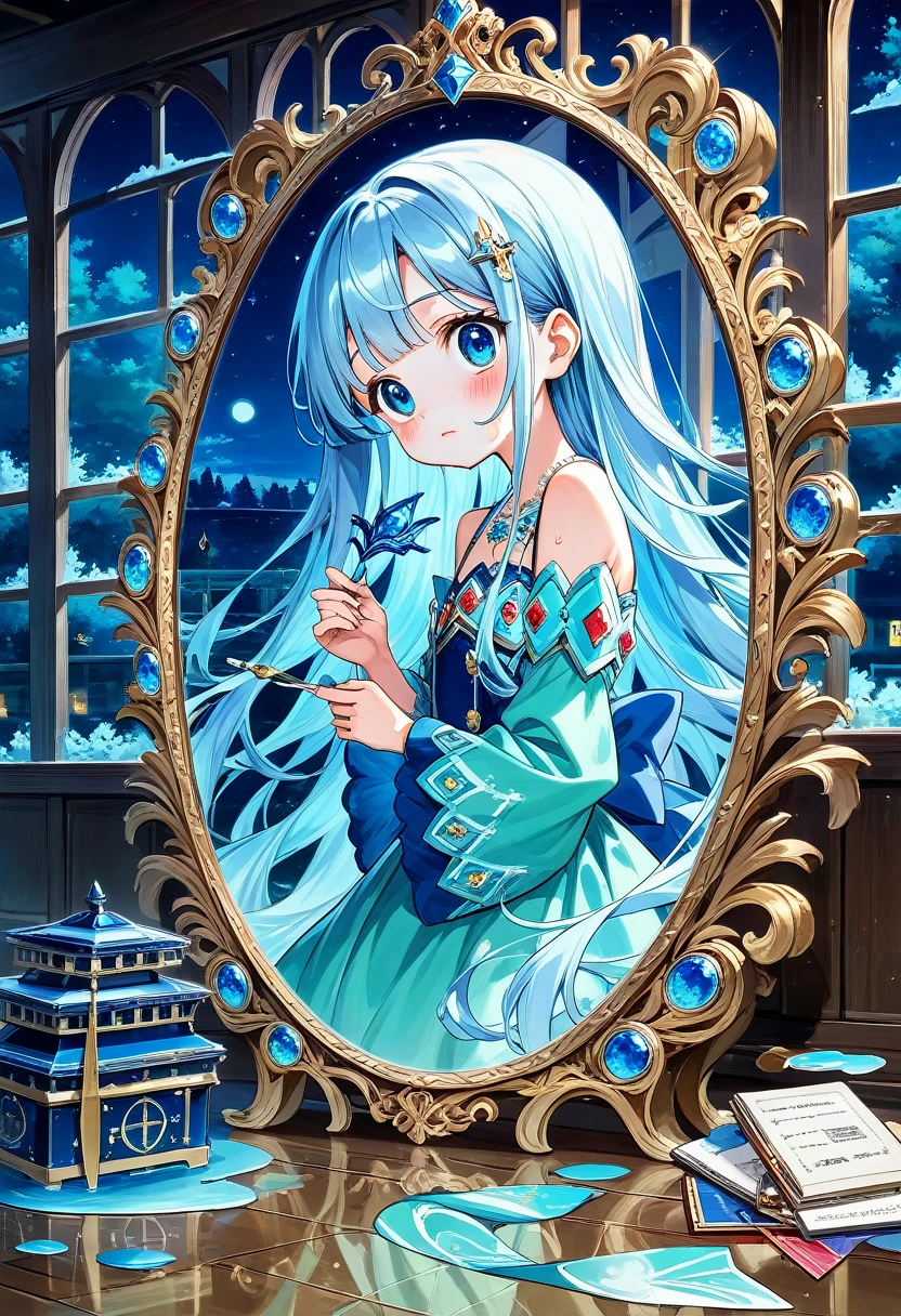 masterpiece, best quality, extremely detailed, (illustration, official art:1.1), 1 girl ,(((( light blue long hair)))), ,(((( light blue long hair)))),light blue hair, , long hair ((blush)) , cute face, big eyes, masterpiece, best quality,(((((a very delicate and beautiful girl))))),Amazing,beautiful detailed eyes,blunt bangs((((little delicate girl)))),tareme(true beautiful:1.2), sense of depth,dynamic angle,,,, affectionate smile, (true beautiful:1.2),,(tiny 1girl model:1.2),)(flat chest),shy，(((masterpiece))), (((best quality))), (((full body))), (((from side))), (apply lipstick), (((holding a lipstick))), (((reflection))), (((looking at mirror))), collarbone, necklace, cyan chiffon tunic, window, bedroom, ((blue tone)), (((night view))), lake, mount, full moon, solo, 1girl, seiza on wooden floor, hairclip, ribbon, sweat, daze, shy, blush, slim figure,
