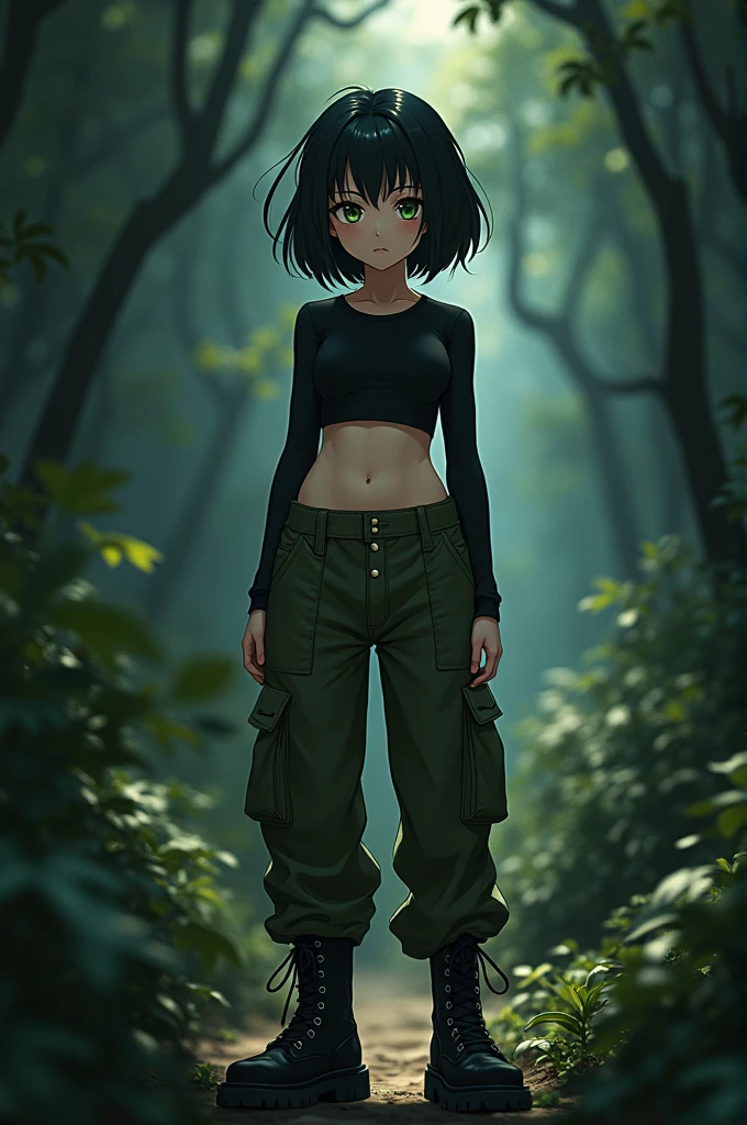Anim girl, short black hair, jellyfish hair-cut, olive-green eyes, black tight fitting crop-top, olive-green parachute pants, black combat boots, dark forest background