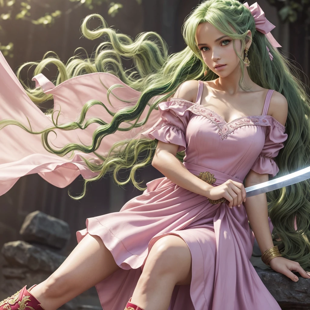 (8k, RAW photo, best quality, masterpiece:1.2), (realistic, photo-realistic:1.4), (extremely detailed 8k wallpaper),sharp focus, professional lighting, depth of field, cinematic lighting,blur background, bokeh,BREAK 1girl,(Green wavy hair, finely curled hair to the ends, high ponytail:1.4), red and gold decorative barrette, hair ornament with a long pink ribbon, bangs falling loosely over the forehead, large blue eyes, long eyelashes , a small, sharp nose, a small mouth that is slightly open, pale skin tone, rounded features, (a short pink dress:1.4), a golden embroidery pattern all over the dress, frilled sleeves that reveal the shoulders. , a purple sash wrapped around the waist, a large ribbon tied to the sash, fringed fabric hanging from the sash, a decorative gold clasp placed on the front of the dress, and attached to the chest area of the dress A small lilac valance, the hem of the dress is asymmetrical, short on one side and slightly longer on the other, white tights that wrap around the legs, ankle-length red boots, gold on the edges and soles of the boots. small straps on his boots, lilac cuffs, a slender, curved sword held in his left hand, the blade of the sword is sharply curved and silver-toned, the hilt of the sword is decorated with an intricate design of red and gold. There is a small purple gem embedded in the grasp part of the sword, the pose is one foot forward and the sword is firmly gripped, the expression is slightly bent forward and cautiously looking at the enemy, the sword is slung over the shoulder A thin shawl designed to look like this, the color of the shawl is a gradation of purple and pink, the shawl worn lightly on the back swaying in the wind,(Final Fantasy 6, Tina Branford: 1.4)