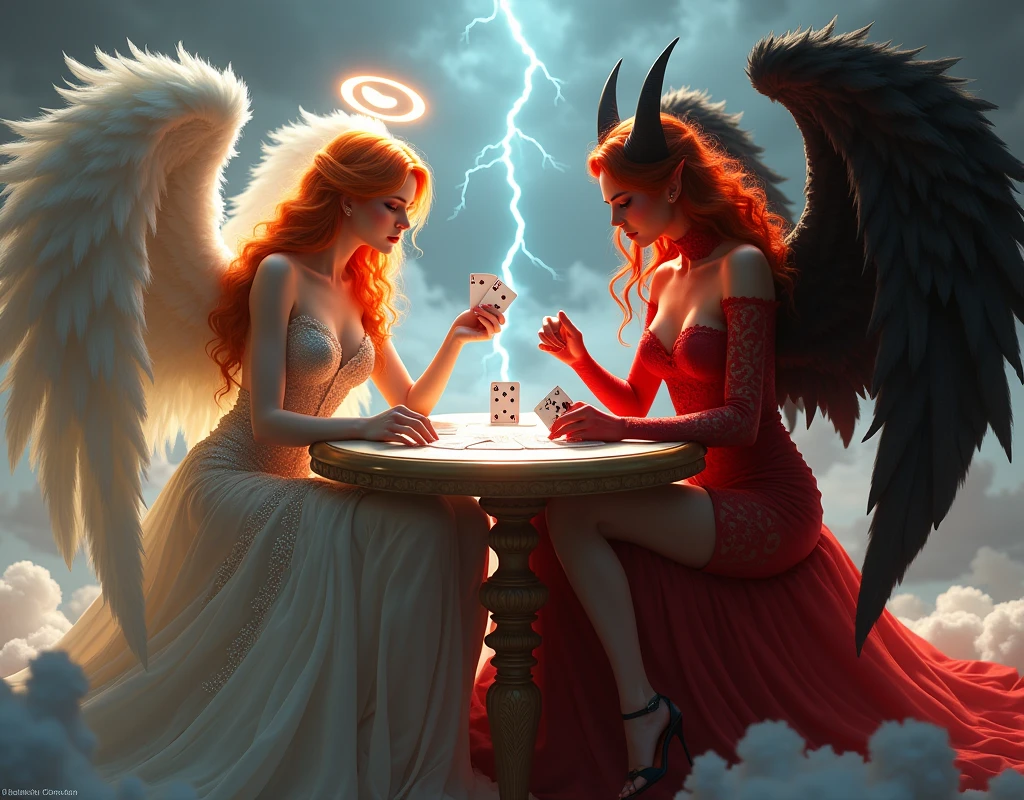 an angel and w demon playing a poker game of cards, a female angel wearing intricate dress glam dress, dynamic color dress, pale skin, best details beautiful face ,dynamic hair color, busty, small cleavage, glowing halo, long  hair, orange hair, wavy hair, white angelic wings, BREAK, a female demon ((red skin: 1.5)), black bat wings, black demon horns, ,dynamic hair color, busty, small cleavage, red eyes, best details beautiful face, wearing a intricate dress glam dress, high heels, sitting and playing poker on a cloud, dynamic lightning, heaven background, vibrant, Ultra-high resolution, High Contrast, (masterpiece:1.5), highest quality, Best aesthetics), best details, best quality, highres, ultra wide angle, 16k, [ultra detailed], masterpiece, best quality, (extremely detailed),