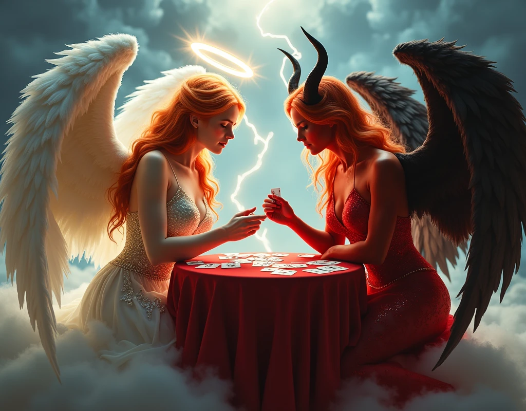 an angel and w demon playing a poker game of cards, a female angel wearing intricate dress glam dress, dynamic color dress, pale skin, best details beautiful face ,dynamic hair color, busty, small cleavage, glowing halo, long  hair, orange hair, wavy hair, white angelic wings, BREAK, a female demon ((red skin: 1.5)), black bat wings, black demon horns, ,dynamic hair color, busty, small cleavage, red eyes, best details beautiful face, wearing a intricate dress glam dress, high heels, sitting and playing poker on a cloud, dynamic lightning, heaven background, vibrant, Ultra-high resolution, High Contrast, (masterpiece:1.5), highest quality, Best aesthetics), best details, best quality, highres, ultra wide angle, 16k, [ultra detailed], masterpiece, best quality, (extremely detailed),