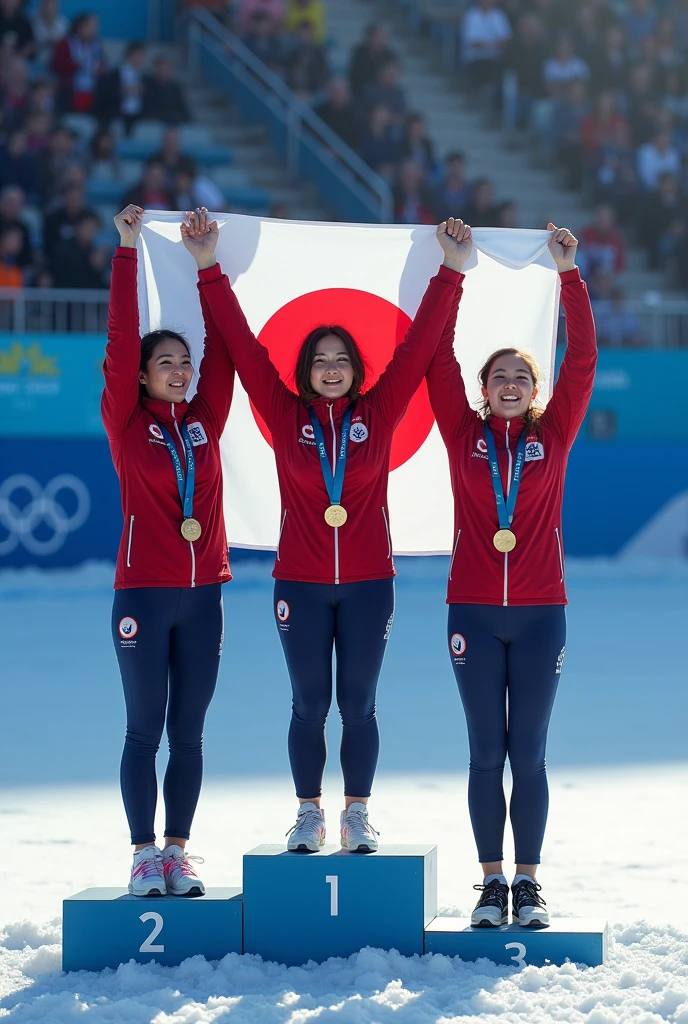 Real,High resolution,Japanese women dominate first, second and third places at the Olympics,Standing on the podium and singing the national anthem,Tears in my eyes