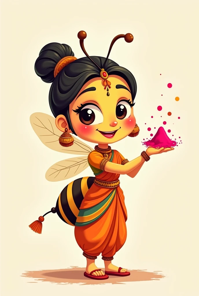 Cartoon of a bee in simple Hindu clothing in 2D, not so much detail, maintaining the insect features, happy and feminine features with gulal powder in hands
