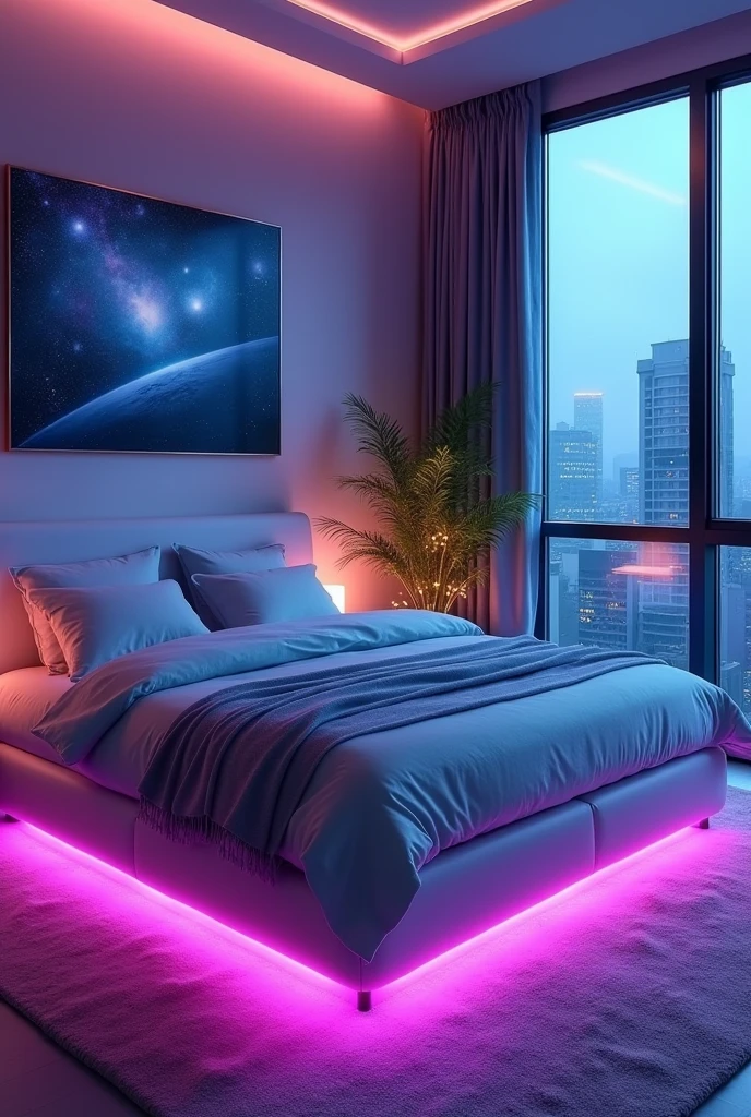 "A modern bedroom with a futuristic ambiance. The room features a large, comfortable bed with plush pillows and a soft, blue-gray blanket draped across it. The bed's base glows with vibrant purple and pink LED lights, creating a soft, ethereal glow that enhances the room's atmosphere. Above the bed, a framed artwork of a cosmic scene in shades of blue and purple adds a touch of mystery and space-themed aesthetics. A large window to the right reveals a cityscape with tall buildings under a twilight sky, subtly blurred by rain or fog. To the side, a lush green plant adorned with twinkling fairy lights adds a natural, cozy touch to the otherwise sleek and modern interior. The room is lit with soft, warm lighting from a ceiling fixture, contributing to the overall serene and dreamy vibe."
