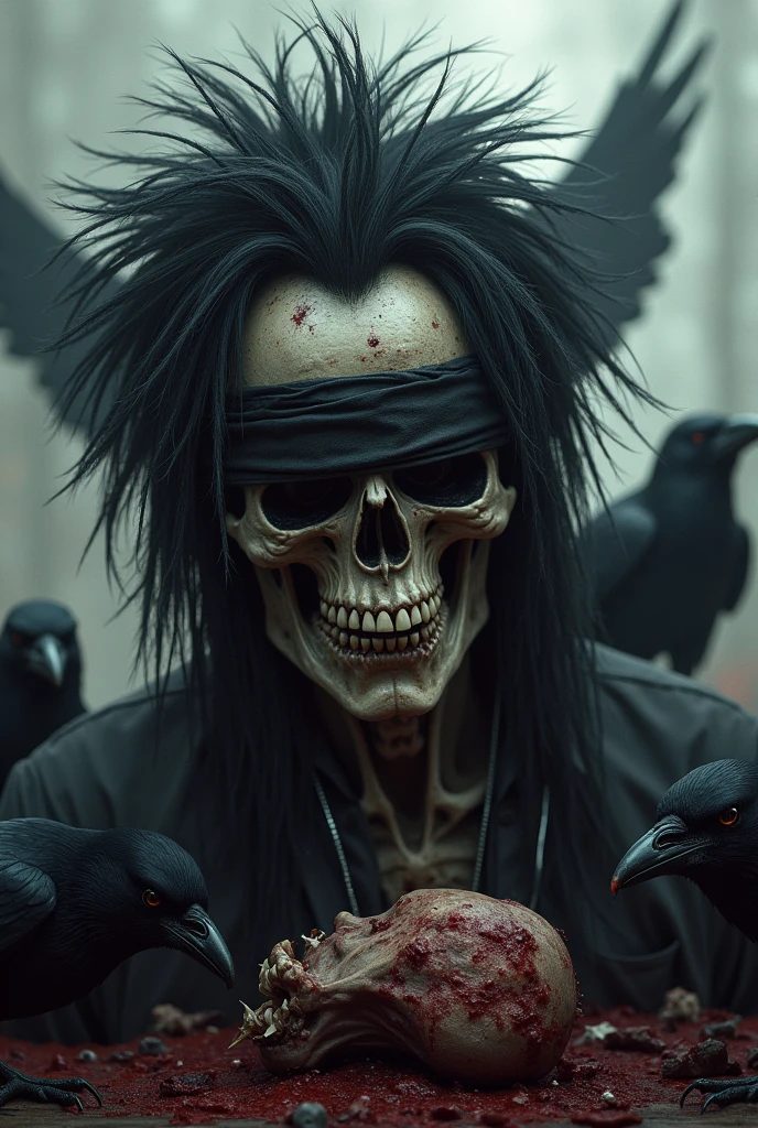 Punk rocker skull with long hair blindfolded with blood stained eyes. Crows behind her devour a decomposing body.