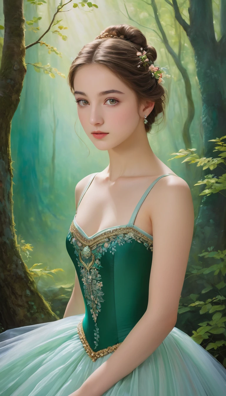 (High resolution,masterpiece:1.2),(Realistic:1.37)"(Highest quality, High resolution, Very detailed, Realistic),Beautiful portrait of a 16-year-old French ballet dancer from the 19th century, (She is half Scottish and half Japanese., She is a beautiful woman with greenish-grey eyes and a high nose.:1.1), Exquisite ballet costumes, Detailed facial features, Long and graceful neck, Emerald Necklace, Flowing locks of hair, Calm and elegant posture, Soft and delicate lighting, Classical Oil Painting Medium, Vibrant colors, Delicate background with forest motifs", Dreamy atmosphere, Surrealism,Mysterious Aura