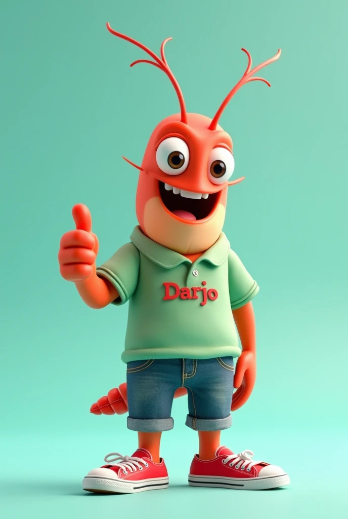 Create an 4D realistic animated character named [Darjo], designed to be the iconic mascot for Sidoarjo, in the style of cartoon pixar movie animation. [Darjo] is a 40 yo charming cute shrimp with a unique twist—he has human-like arms and legs. His large, round brown eyes are full of energy and friendliness, inviting everyone to engage with him. Darjo wears a light green muslim shirt with the name "Darjo" proudly displayed across the chest, paired with sarong traditional sarong that show off his quirky style. His feet are clad in bright red canvas sandals, adding a playful and youthful vibe to his appearance.  The overall design should exude warmth, approachability, and a sense of pride in representing the vibrant city of Sidoarjo. A cheerful cartoon Darjo character with pose  stands in a dynamic pose, giving a thumbs-up with one hand while its legs are clad in rolled-up denim pants and red sneakers. The background is a soft turquoise, enhancing the lively and playful vibe of the character.