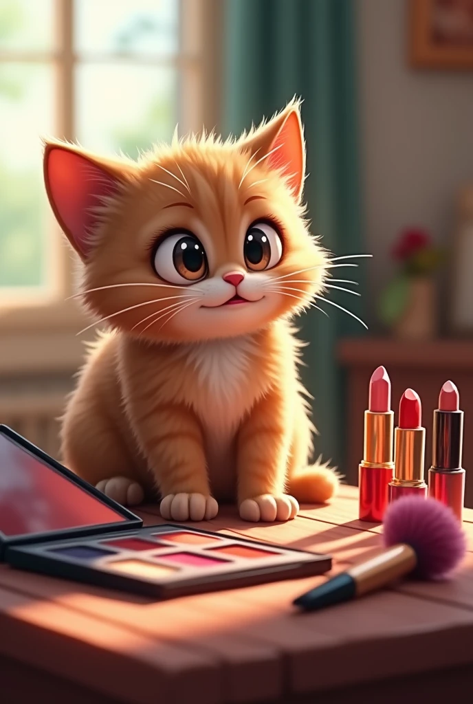 A curious cat, Whiskers, with wide eyes, is gazing at a colorful makeup collection on a table. The expression on Whiskers' face should convey envy and longing. The makeup items, like lipsticks and eyeshadows, should be vividly displayed.
