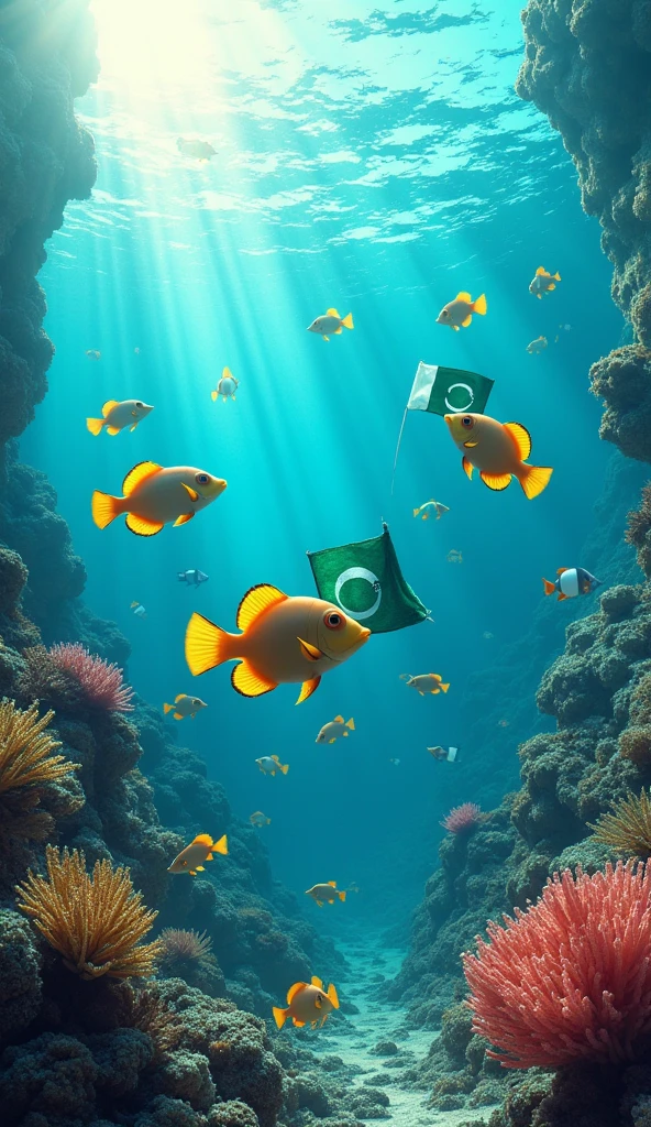 Fishes in Sea with their mouthez Pakistan flags