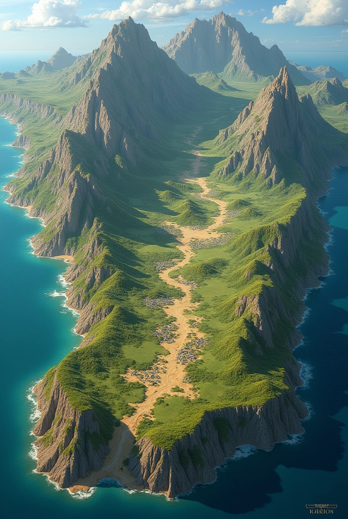 Imagine a vast, single continent shaped like an irregular oval, stretching from north to south, with varied terrains that reflect the diverse environments of each race.
### **Northern Region**:
- **Dwarf Domain**: Dominating the northernmost part of the continent, this region is characterized by towering mountain ranges with jagged peaks. Deep within these mountains, the dwarfs have carved out extensive underground cities and mines. The landscape above ground is rugged, with rocky outcrops and sparse vegetation, a testament to the harsh, cold climate. Snow caps cover the highest peaks year-round.
### **Northeastern Region**:
- **Elf Domain**: To the northeast lies a sprawling, ancient forest, dense with towering trees that form a lush green canopy. The forest is almost impenetrable, with a mystical aura and paths that seem to change for those unfamiliar with the land. The elves’ cities are seamlessly integrated into the forest, with homes built high among the treetops, connected by intricate bridges and hidden pathways.
### **Central Region**:
- **Human Domain**: The central part of the continent is a mix of fertile plains, temperate forests, and winding rivers. This region is the most populated, with large cities, bustling trade routes, and expansive farmlands. The capital city is situated near a large river, with a grand castle overlooking the surrounding lands. The terrain here is varied but mostly gentle, with rolling hills and vast stretches of farmland.
### **Central to Southwestern Region**:
- **Orc Domain**: Stretching from the central part of the continent towards the southwest, the orc domain is a harsh, arid land. The terrain is marked by dry plains, rocky badlands, and occasional mesas rising from the ground. The vegetation is sparse, consisting mostly of hardy shrubs and cacti. Orc settlements are fortified with stone and wood, blending into the rocky landscape, designed more for defense than comfort.
### **Southernmost Region**:
- **Ogre Domain**: