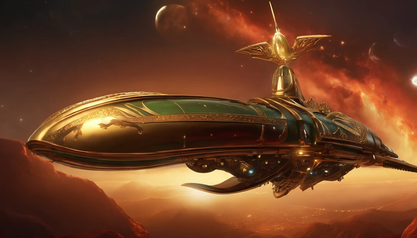 Alien starship with medieval castle-like turrets, anodized dark forest green metallic crimson red hull, gold matte finish, amidst a stars-filled night sky, within a 4D environment of vibrant colors, intricate mechanisms exposed, adorned with dark leather straps and metallic golden accents, sprawling dark gears and levers reminiscent of ancient machinery, accented with pixel-perfect ornate details, 750 UHD resolution rendered in matte and gloss finishes reflecting luminescent diamond, infinity-exposed with mysterious auras rising from the nacelles that gleam softly in varied colors that appear rare and unrivaled, having battle zeppelin origins.