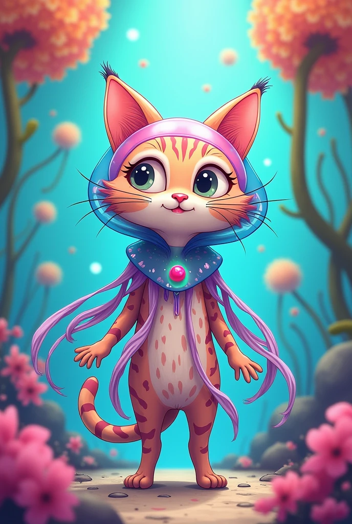 Cat were jellyfish suit in cartoon style