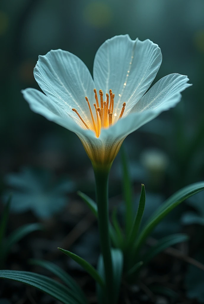 a rare and ethereal plant that appears almost translucent, with pale, shimmering petals that seem to fade in and out of existence. This flower only grows in places where the spirit world intersects with the physical world, such as ancient burial grounds or haunted forests