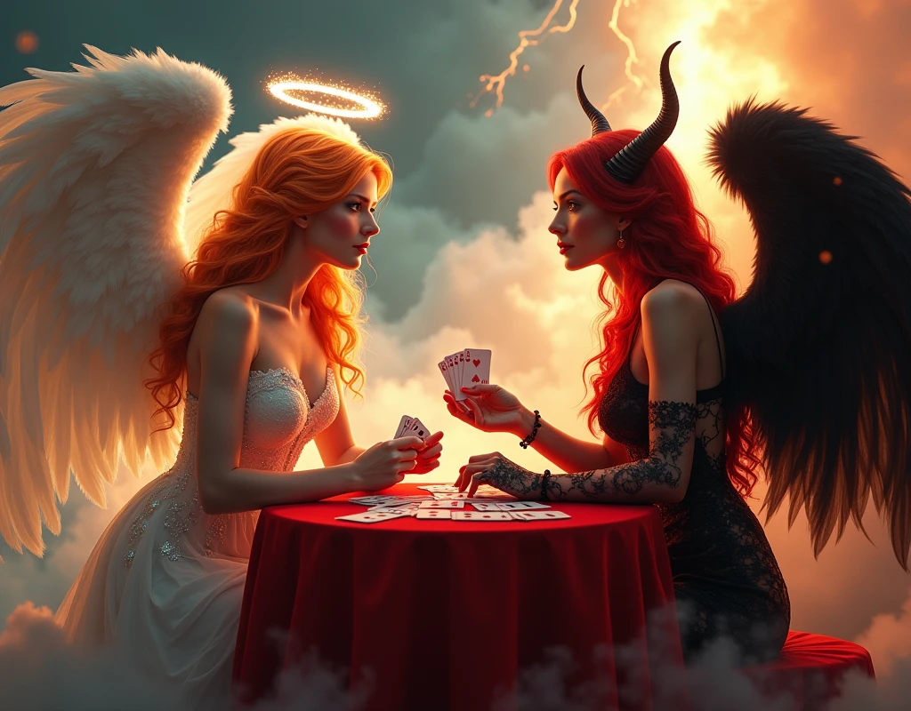 an angel and w demon playing a poker game of cards, a female angel wearing intricate dress glam dress, dynamic color dress, pale skin, best details beautiful face ,dynamic hair color, busty, small cleavage, glowing halo, long  hair, orange hair, wavy hair, white angelic wings, BREAK, a female demon ((red skin: 1.5)), black bat wings, black demon horns, ,dynamic hair color, busty, small cleavage, red eyes, best details beautiful face, wearing a intricate dress glam dress, high heels, sitting and playing poker on a cloud, dynamic lightning, heaven background, vibrant, Ultra-high resolution, High Contrast, (masterpiece:1.5), highest quality, Best aesthetics), best details, best quality, highres, ultra wide angle, 16k, [ultra detailed], masterpiece, best quality, (extremely detailed),