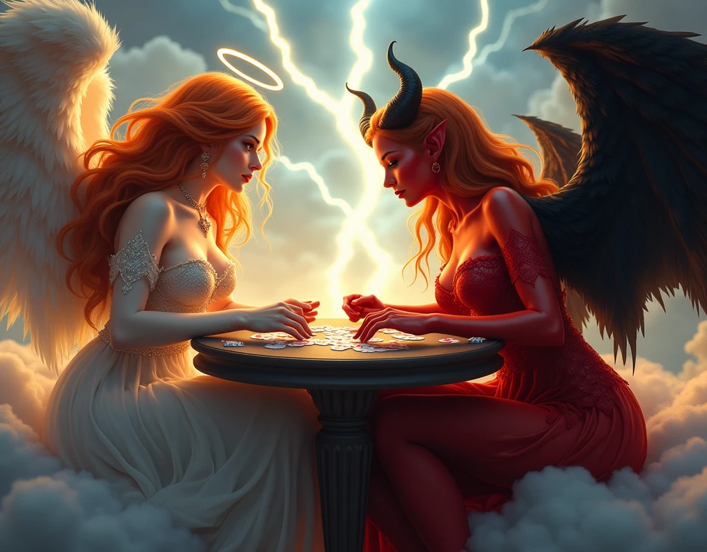 an angel and w demon playing a poker game of cards, a female angel wearing intricate dress glam dress, dynamic color dress, pale skin, best details beautiful face ,dynamic hair color, busty, small cleavage, glowing halo, long  hair, orange hair, wavy hair, white angelic wings, BREAK, a female demon ((red skin: 1.5)), black bat wings, black demon horns, ,dynamic hair color, busty, small cleavage, red eyes, best details beautiful face, wearing a intricate dress glam dress, high heels, sitting and playing poker on a cloud, dynamic lightning, heaven background, vibrant, Ultra-high resolution, High Contrast, (masterpiece:1.5), highest quality, Best aesthetics), best details, best quality, highres, ultra wide angle, 16k, [ultra detailed], masterpiece, best quality, (extremely detailed),