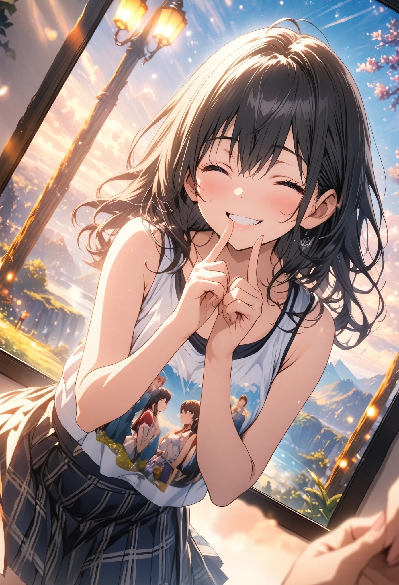 masterpiece, Highest quality, Highly detailed CG Unity 8k wallpaper, High Girl Anime Illustration. Wear an oversized tank top, She is wearing a red and black checked skirt., Point the index fingers of both hands, she has her eyes closed and mouth open, smile. Black Hair, black eye, twins, Bokeh Photo, (Soft Focus):1.2, Out of focus highlights, Dreamy atmosphere, shining heart, Fascinating Depth, The background is a realistic landscape, Depth of subject