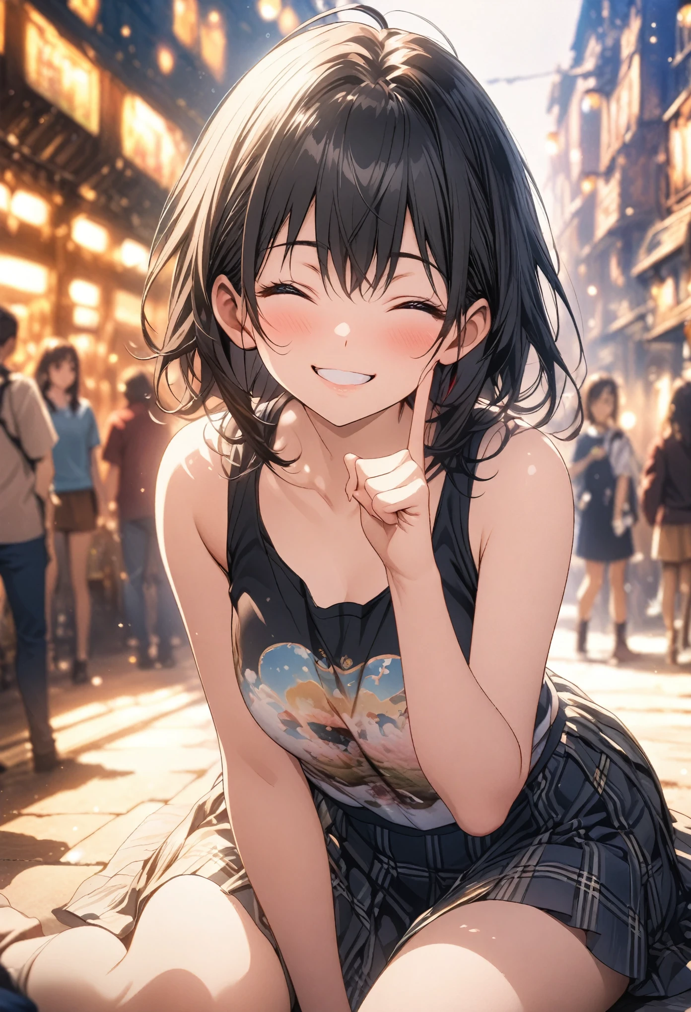 masterpiece, Highest quality, Highly detailed CG Unity 8k wallpaper, High  Girl Anime Illustration. Wear an oversized tank top, She is wearing a red and black checked skirt., Point the index fingers of both hands, she has her eyes closed and mouth open, smile. Black Hair, black eye, twins, Bokeh Photo, (Soft Focus):1.2, Out of focus highlights, Dreamy atmosphere, shining heart, Fascinating Depth, The background is a realistic landscape, Depth of subject