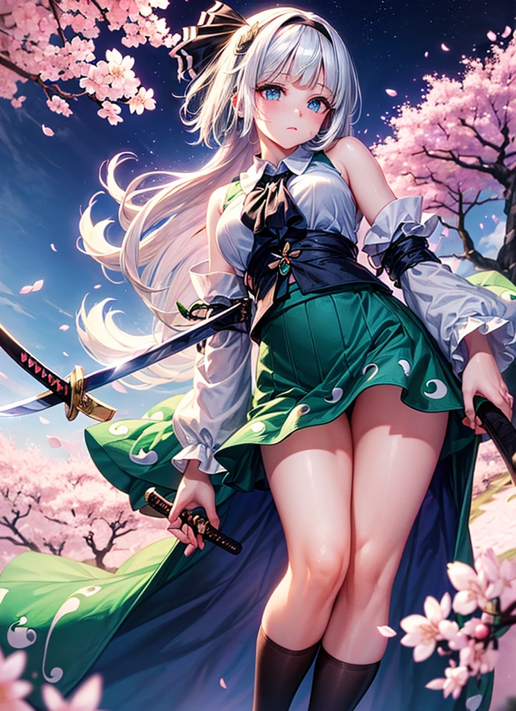 (((masterpiece))),(((Highest quality))),((Very detailed)),(shape),(Dynamic Angle), ((Touhou Project)),(A slim body),((Disheveled Hair)), (((Voluptuous Body))),(((Unleash a sword technique))), ((Girl wearing black tights)), (((View from the front))),((Beautifully detailed body)),((side、Shoulders are exposed)),(((Mysterious and sparkling blue eyes)))Gray Hair, ((Colorful Hair)),((Striped and long hair)), Beautiful attention to detail,(Gradient color eyes),(((Delicate eyes))), (((background))),(((High saturation))),(((Konpaku Youmu))),(((In front of cherry blossoms in the night view))