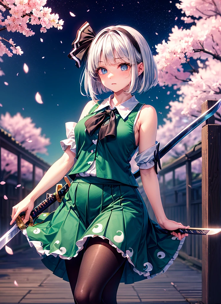 (((masterpiece))),(((Highest quality))),((Very detailed)),(shape),(Dynamic Angle), ((Touhou Project)),(A slim body),((Disheveled Hair)), (((Voluptuous Body))),(((Unleash a sword technique))), ((Girl wearing black tights)), (((View from the front))),((Beautifully detailed body)),((side、Shoulders are exposed)),(((Mysterious and sparkling blue eyes)))Gray Hair, ((Colorful Hair)),((Striped and long hair)), Beautiful attention to detail,(Gradient color eyes),(((Delicate eyes))), (((background))),(((High saturation))),(((Konpaku Youmu))),(((In front of cherry blossoms in the night view))