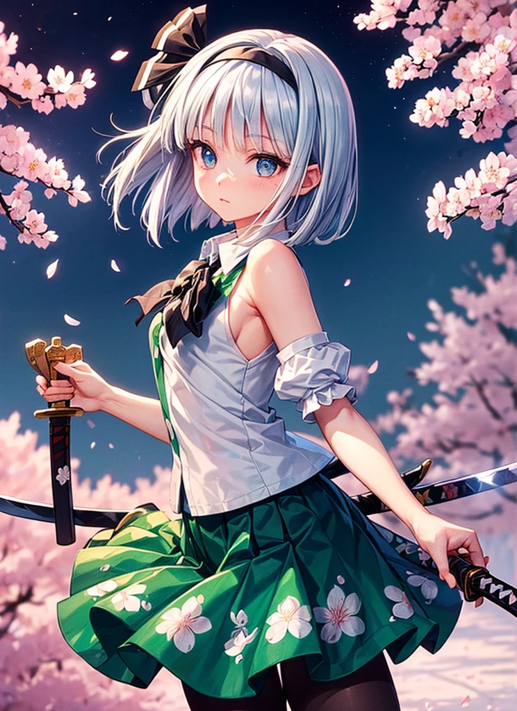 (((masterpiece))),(((Highest quality))),((Very detailed)),(shape),(Dynamic Angle), ((Touhou Project)),(paint),((Disheveled Hair)), (((Voluptuous Body))),(((The skirt is flipped up and the underwear is visible))), ((Girl in black tights)), (((Detailed anima face))),((Beautifully detailed body)),((side、Shoulders are exposed)),(((Mysterious and sparkling blue eyes)))Gray Hair, ((Colorful Hair)),((Striped Hair)), Beautiful attention to detail,(Gradient color eyes),(((Colorful eyes))), (((background))),(((High saturation))),(((Konpaku Youmu))),(((Standing in front of the cherry blossoms in the night view))),,((Holding a sword))