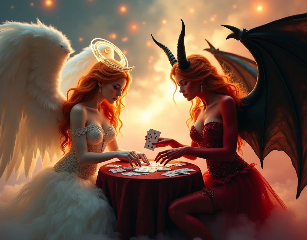 an angel and w demon playing a poker game of cards, a female angel wearing intricate dress glam dress, dynamic color dress, pale skin, best details beautiful face ,dynamic hair color, busty, small cleavage, glowing halo, long  hair, orange hair, wavy hair, white angelic wings, BREAK, a female demon ((red skin: 1.5)), (black bat wings: 1.2), black demon horns, ,dynamic hair color, busty, small cleavage, red eyes, best details beautiful face, wearing a intricate dress glam dress, high heels, sitting and playing poker on a cloud, dynamic lightning, heaven background, vibrant, Ultra-high resolution, High Contrast, (masterpiece:1.5), highest quality, Best aesthetics), best details, best quality, highres, ultra wide angle, 16k, [ultra detailed], masterpiece, best quality, (extremely detailed),