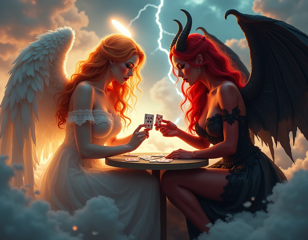 an angel and w demon playing a poker game of cards, a female angel wearing intricate dress glam dress, dynamic color dress, pale skin, best details beautiful face ,dynamic hair color, busty, small cleavage, glowing halo, long  hair, orange hair, wavy hair, white angelic wings, BREAK, a female demon ((red skin: 1.5)), (black bat wings: 1.2), black demon horns, ,dynamic hair color, busty, small cleavage, red eyes, best details beautiful face, wearing a intricate dress glam dress, high heels, sitting and playing poker on a cloud, dynamic lightning, heaven background, vibrant, Ultra-high resolution, High Contrast, (masterpiece:1.5), highest quality, Best aesthetics), best details, best quality, highres, ultra wide angle, 16k, [ultra detailed], masterpiece, best quality, (extremely detailed),