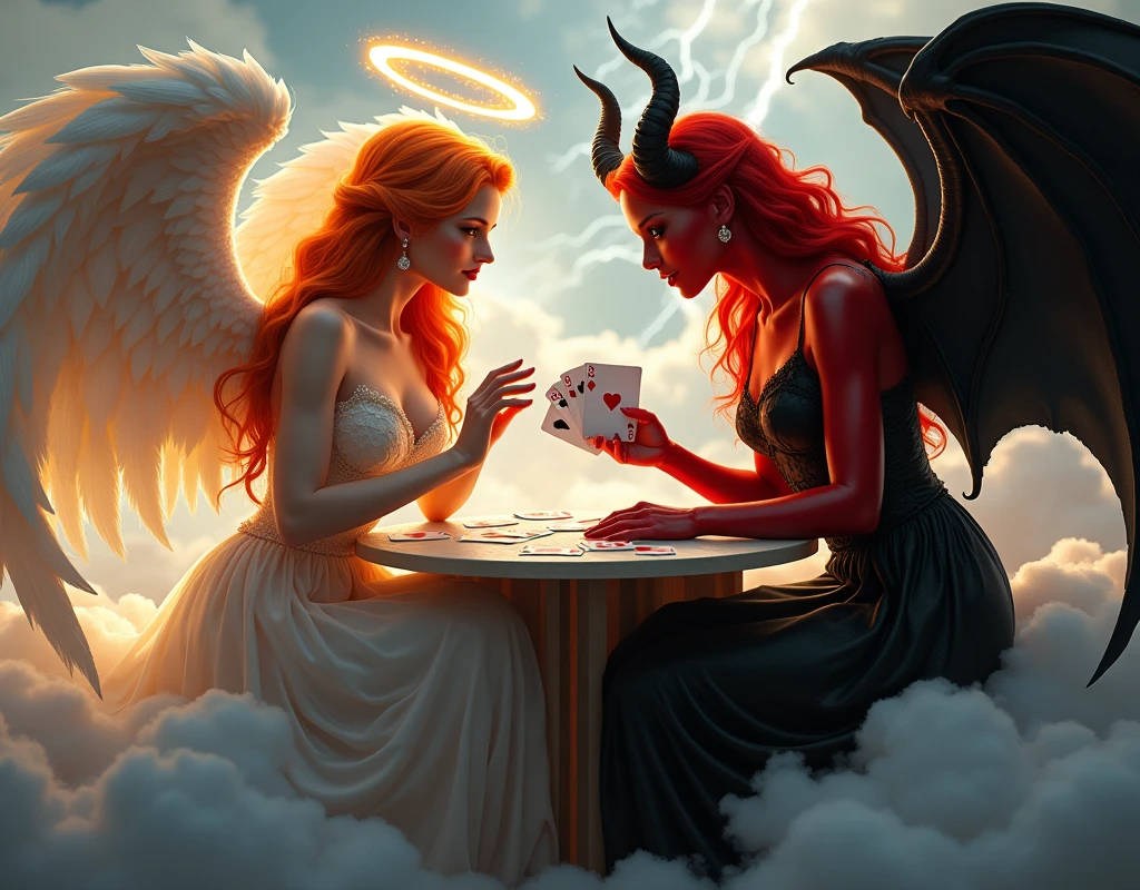 an angel and w demon playing a poker game of cards, a female angel wearing intricate dress glam dress, dynamic color dress, pale skin, best details beautiful face ,dynamic hair color, busty, small cleavage, glowing halo, long  hair, orange hair, wavy hair, white angelic wings, BREAK, a female demon ((red skin: 1.5)), (black bat wings: 1.2), black demon horns, ,dynamic hair color, busty, small cleavage, red eyes, best details beautiful face, wearing a intricate dress glam dress, high heels, sitting and playing poker on a cloud, dynamic lightning, heaven background, vibrant, Ultra-high resolution, High Contrast, (masterpiece:1.5), highest quality, Best aesthetics), best details, best quality, highres, ultra wide angle, 16k, [ultra detailed], masterpiece, best quality, (extremely detailed),