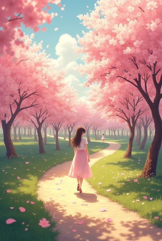A path way in the middle and a girl walking and cherry blossom trees on the side of the path